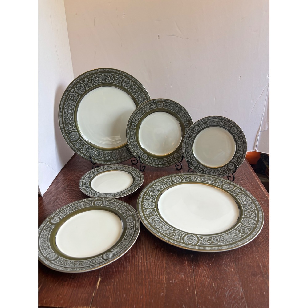 Sango Forest Damask 3544 Fine China Plate Set Olive Green Gold Trim Japan 6pc